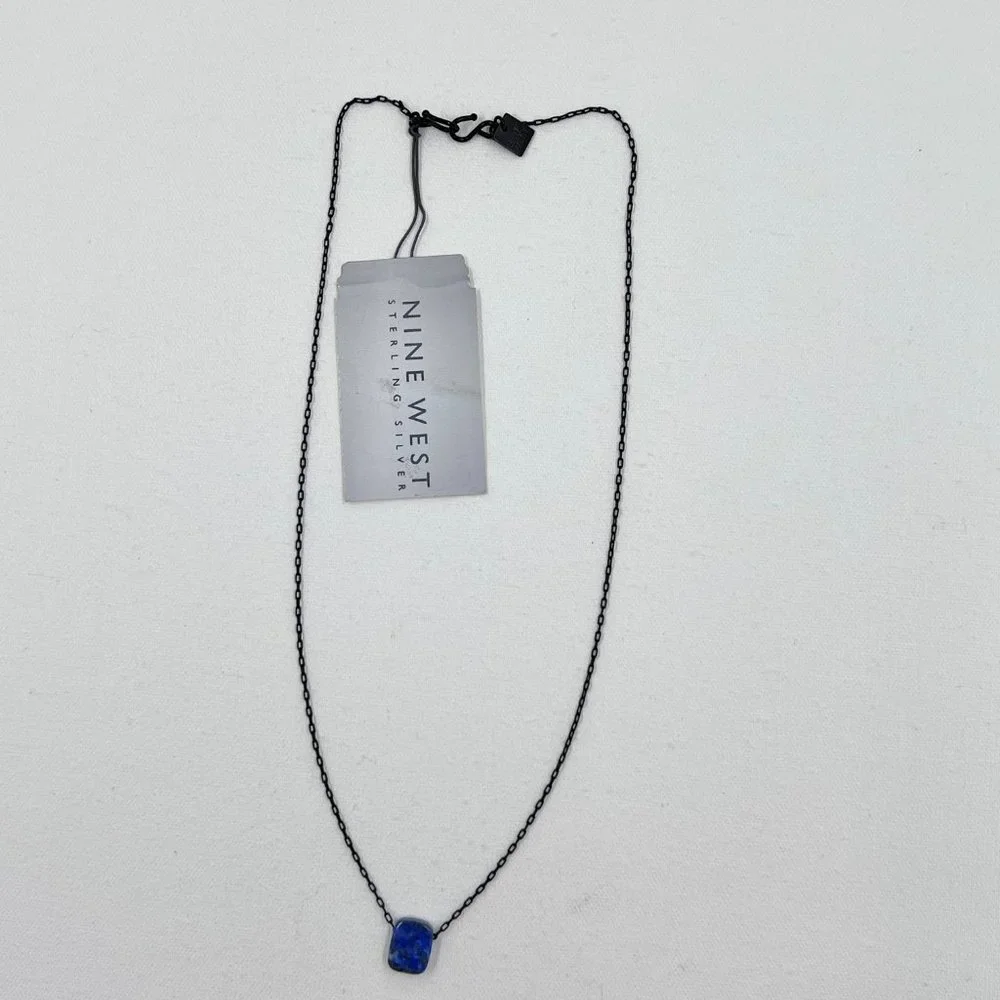 NWT - Nine West - Blue Glass Square Pendant 16” Black 925 Chain w/ Hook Closure - Picture 3 of 8